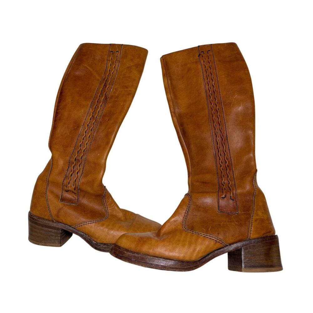 Zodiac Vintage Size 7.5 Western Caramel Leather Boots Zip Cowgirl Festival Rodeo